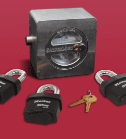 A set of three master locks and a set of keys
