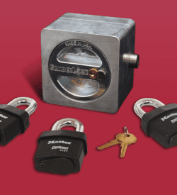 A square lock set with three black master locks